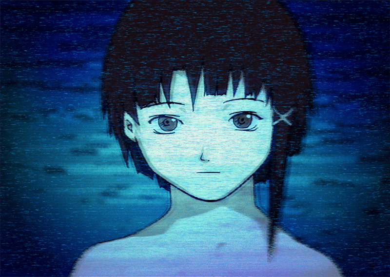 A picture of Lain appearing on the blue screen