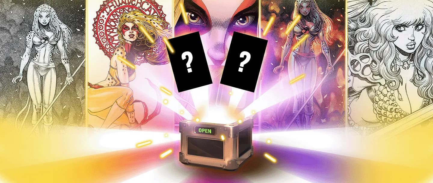 Mystery box bursting open to reveal hidden Cheetarah comic covers by Joyce Chin and Arthur Adams, surrounded by illustrated characters.