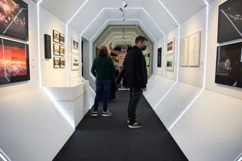Recreation of the tunnel of the film ' 2001: A Space Odyssey' 1968 by film director Stanley Kubrick, in his exhibition, on 16 January, 2022 in Madrid, Spain.