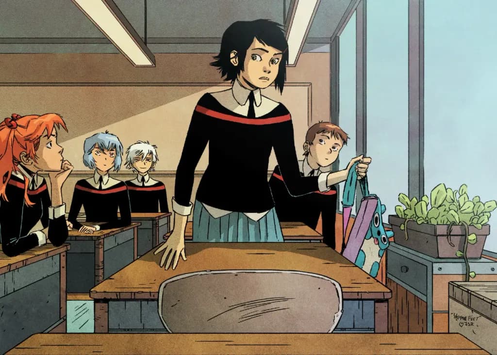 Peni Parker standing in the middle of her classroom.