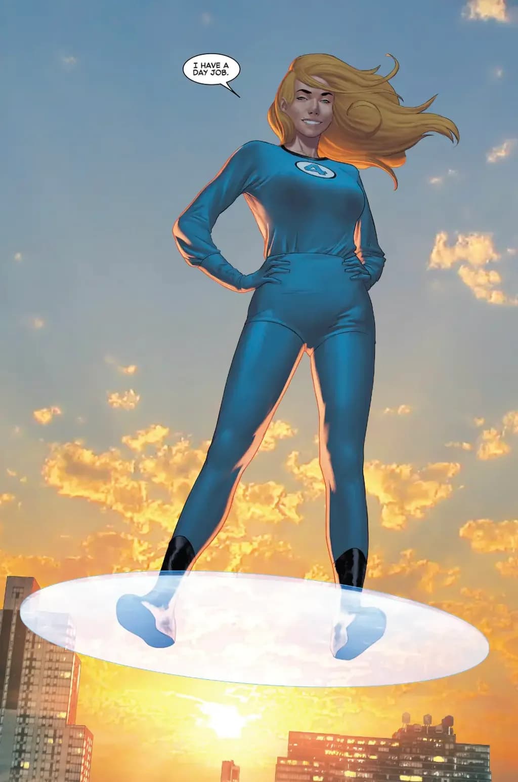 Invisible Woman floating in the air.