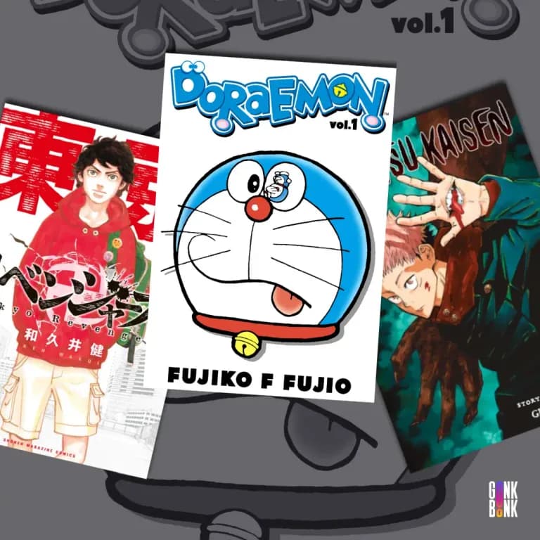 Manga covers of Tokyo Revengers (from Kodansha), Doraemon (from shogakukan), and Jujutsu Kaisen (from sueshia) from the best manga publishers in Japan.