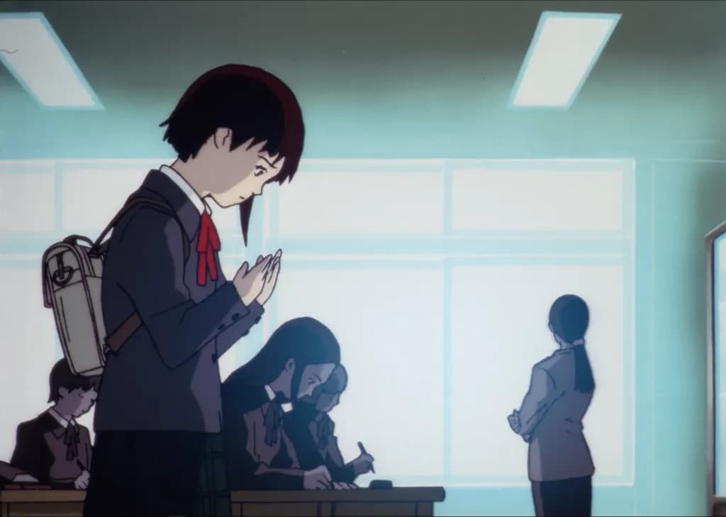 lain standing inside the classroom