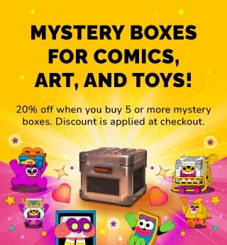 Colorful banner promoting mystery boxes for comics, art, and toys with cute cartoon characters and a glowing mystery box at the center. Text highlights a 20% discount when buying 5 or more boxes.