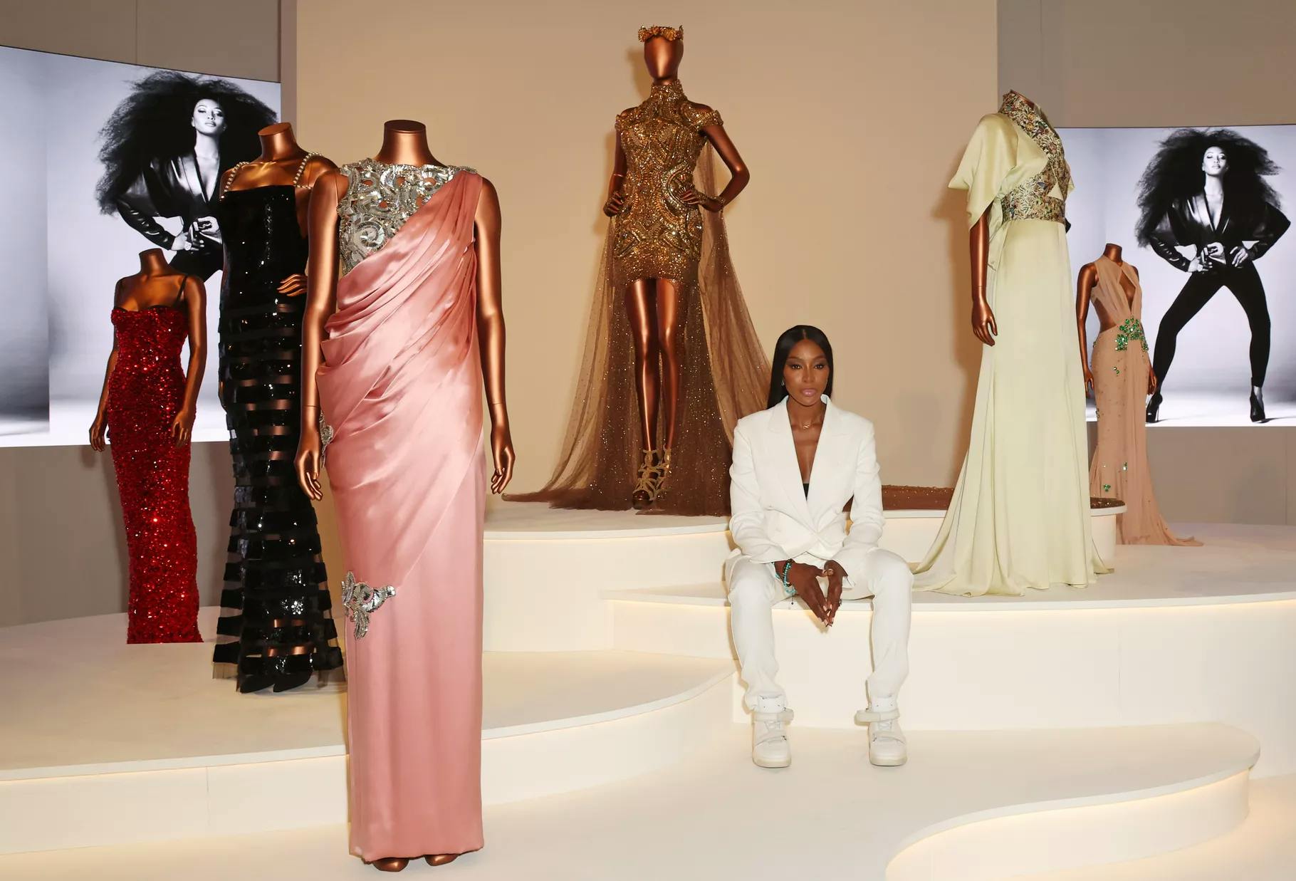 Portaits of Naomi Campbell at “Naomi: In Fashion” at the Victoria & Albert Museum, 2024.
