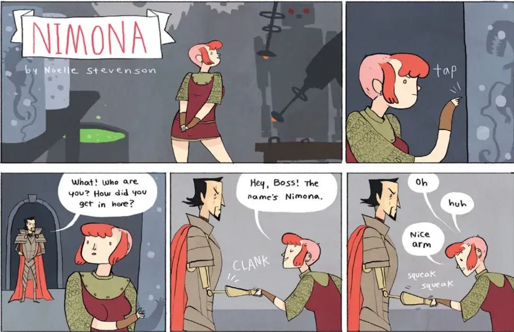 Nimona and Blackheart meet for the first time.