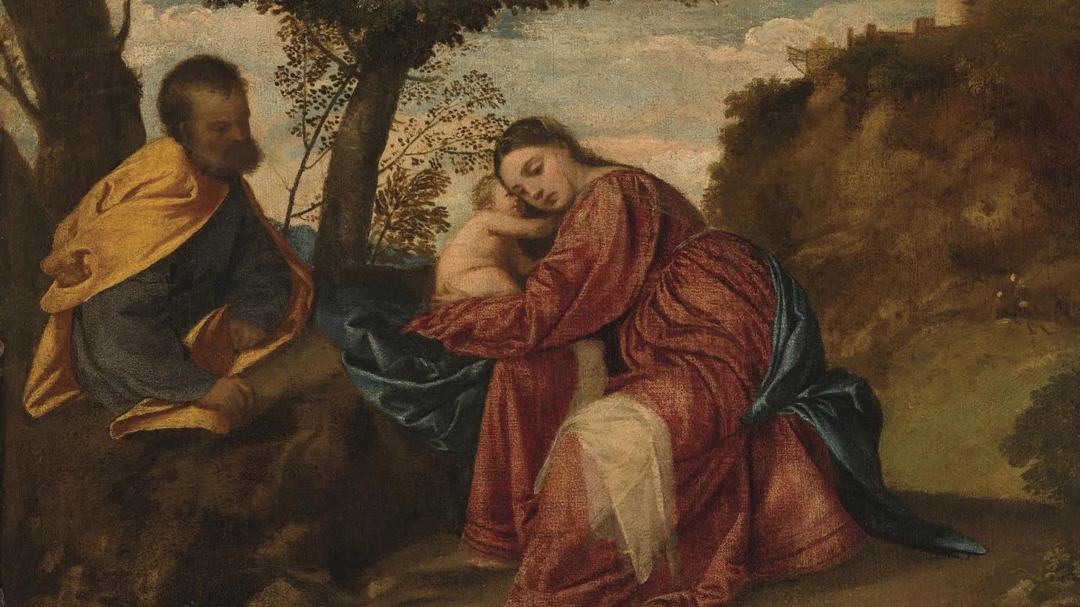Painting of woman hugging a baby with a man on the left