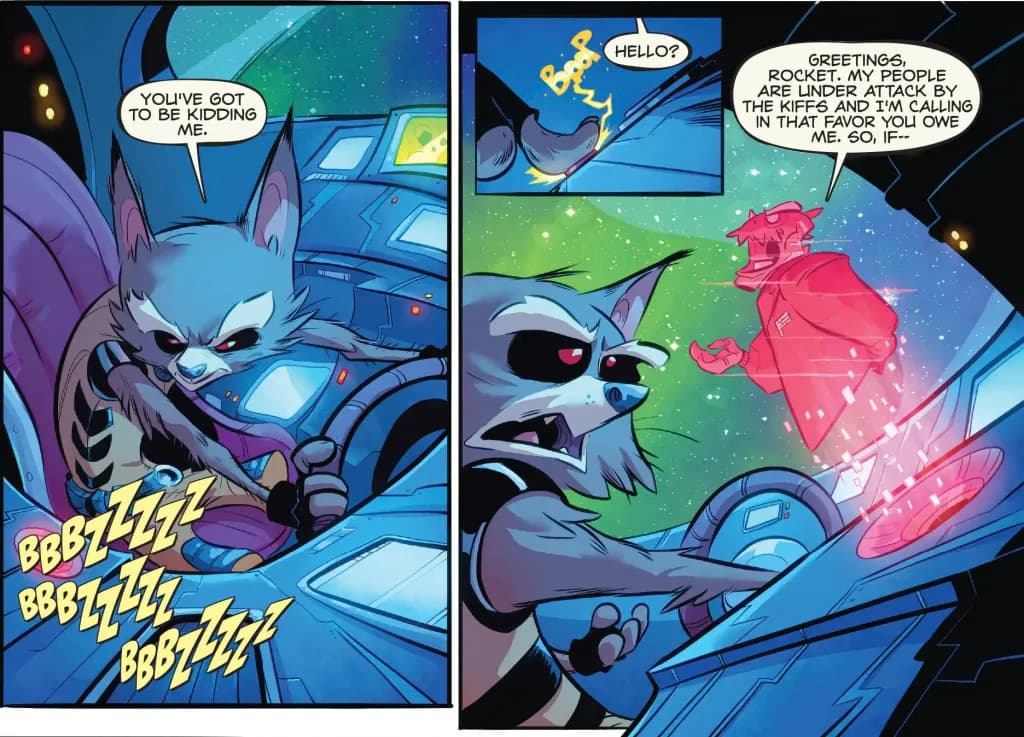 Rocket Raccoon piloting a spaceship.