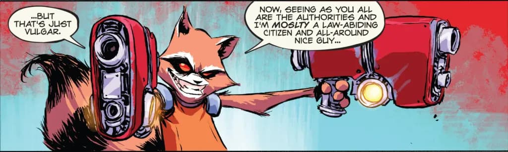 Rocket Raccoon getting ready to shoot his guns.