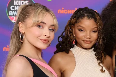 Sabrina Carpenter and Halle Bailey attend the 2022 Nickelodeon Kid's Choice Awards on April 9, 2022. 