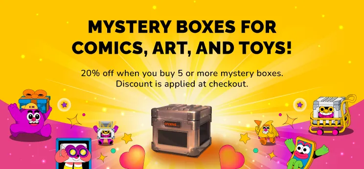 Colorful banner promoting mystery boxes for comics, art, and toys with cute cartoon characters and a glowing mystery box at the center. Text highlights a 20% discount when buying 5 or more boxes.