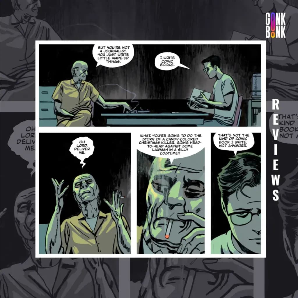 The Deviant #1 comic panel - 2 men talking at the table