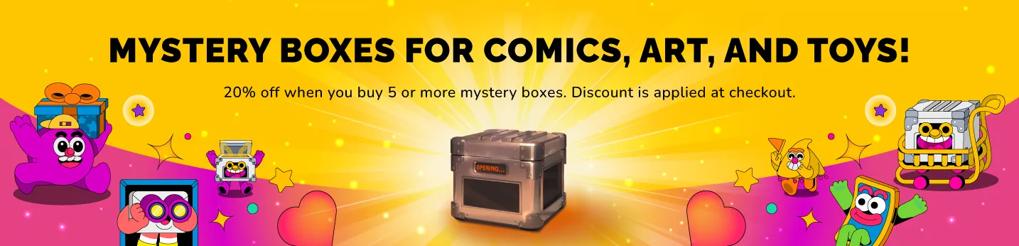 Colorful banner promoting mystery boxes for comics, art, and toys with cute cartoon characters and a glowing mystery box at the center. Text highlights a 20% discount when buying 5 or more boxes.