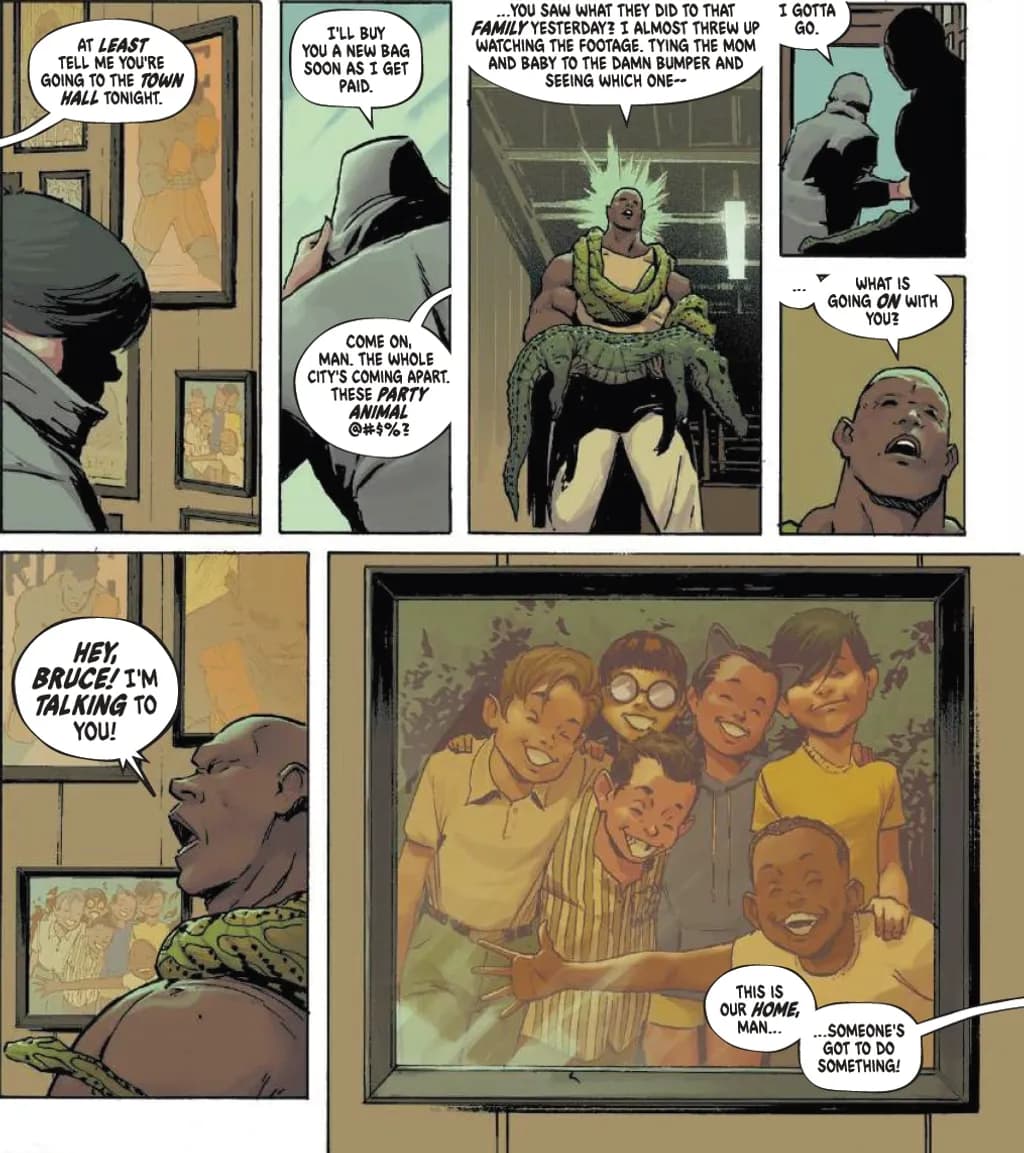 Killer Croc talks to Bruce while looking at a photo of their friends.