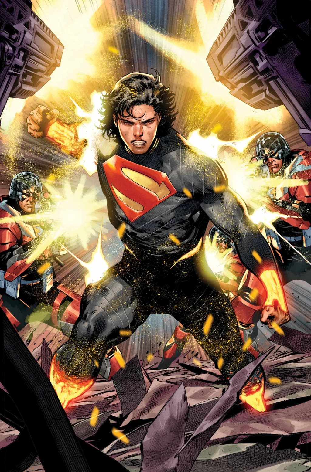 Superman stands strong against enemy soldiers
