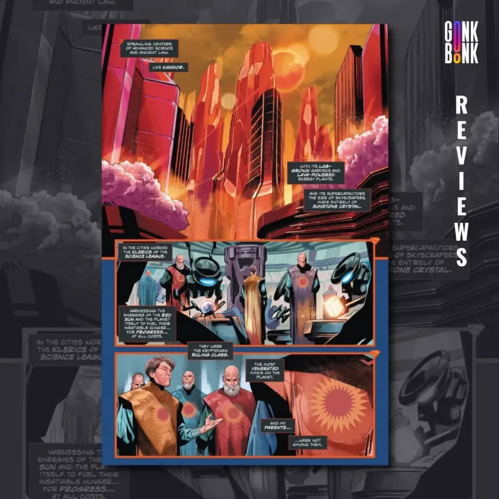 Absolute Superman #1 preview page 1 - The city of Kandor, showing the elite scientists of Krypton.