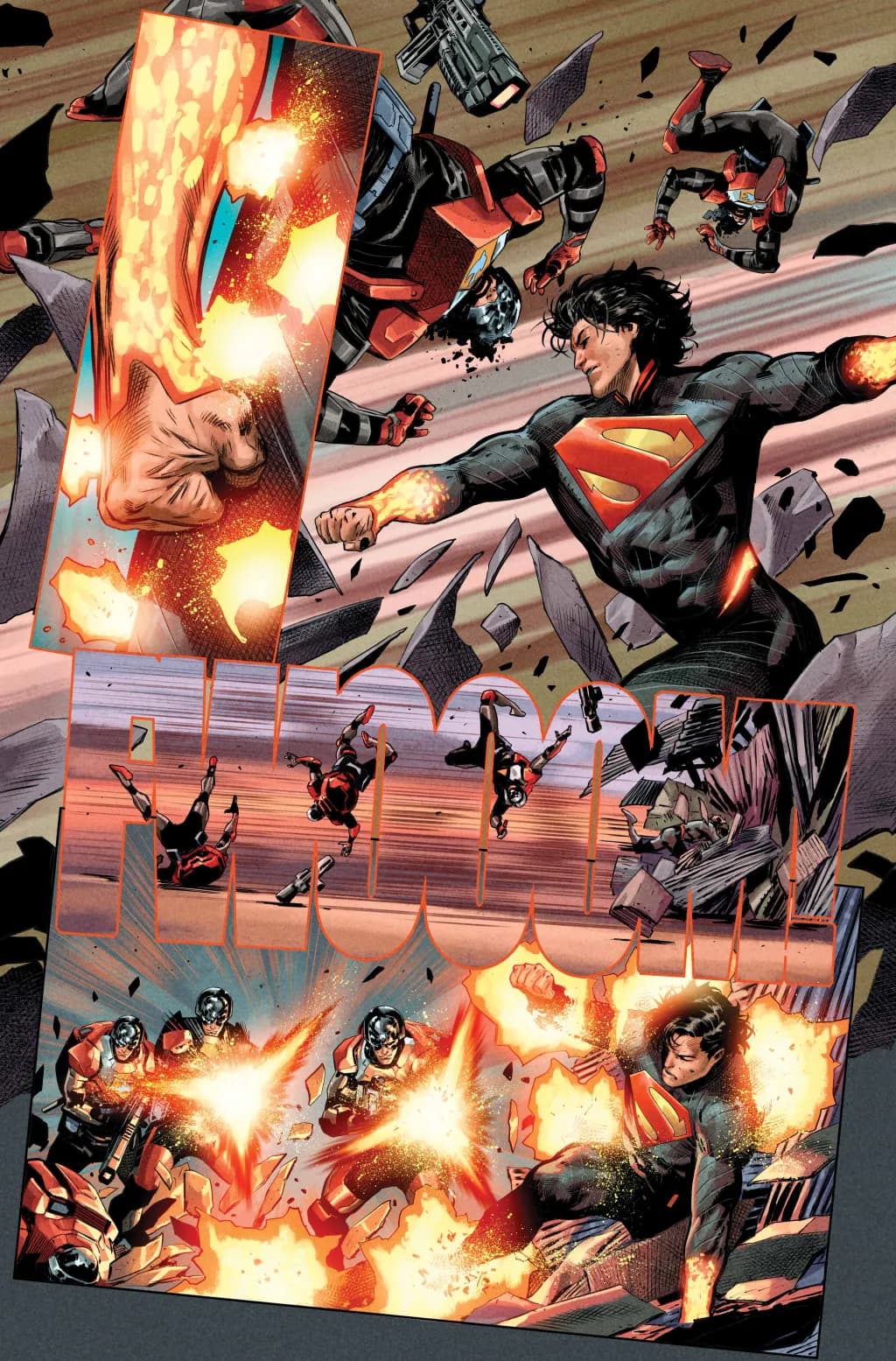 Superman fights an army of Peacemakers