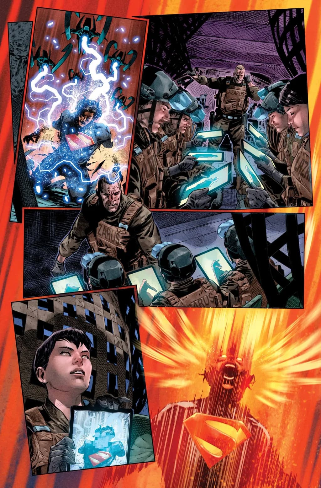 Superman unleashes his heat vision.