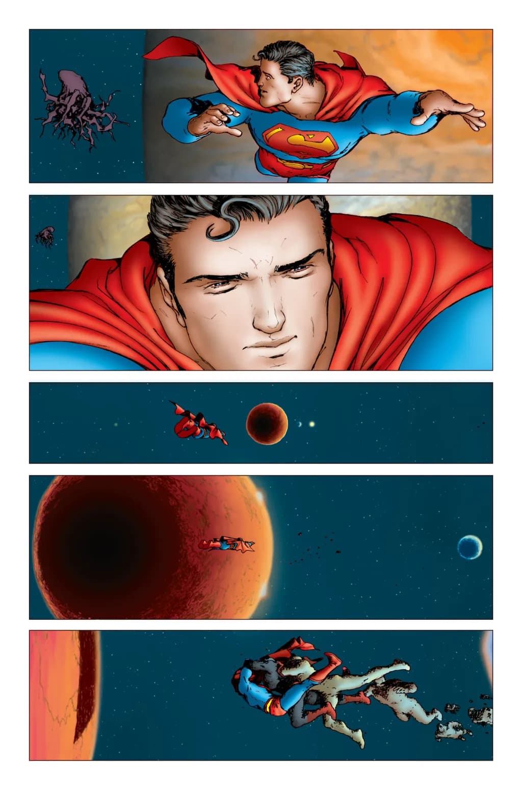 Superman flying in space gets attacked by aliens. 