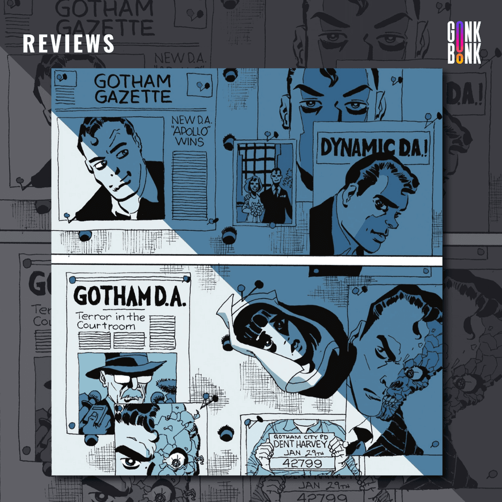 Batman: The Last Halloween #0 preview page 1 - Newspaper clippings with Harvey Dent on the wall.