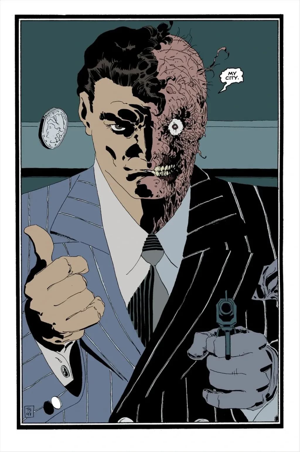 Batman the Long Halloween comic. Two-Face aims his gun at someone.