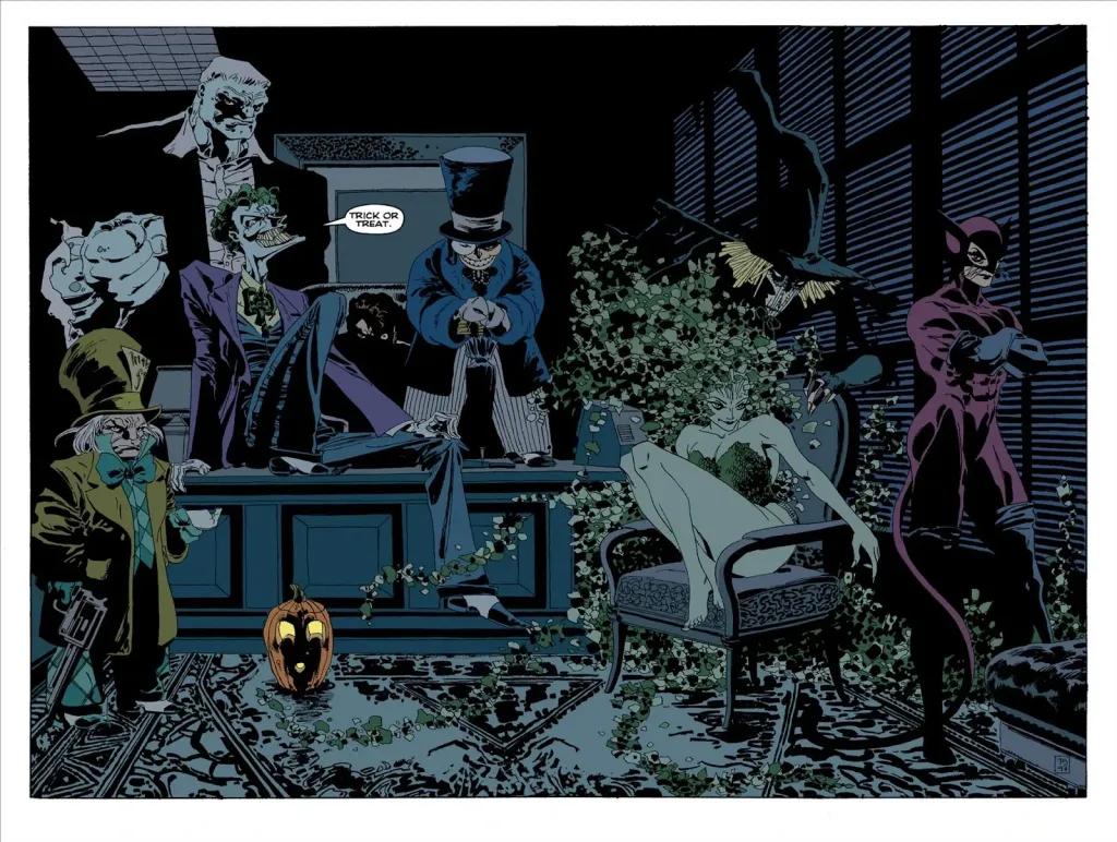 Batman the Long Halloween comic. Solomon Grundy, The Joker, Poison Ivy, Catwoman, and Scarecrow confront Batman.