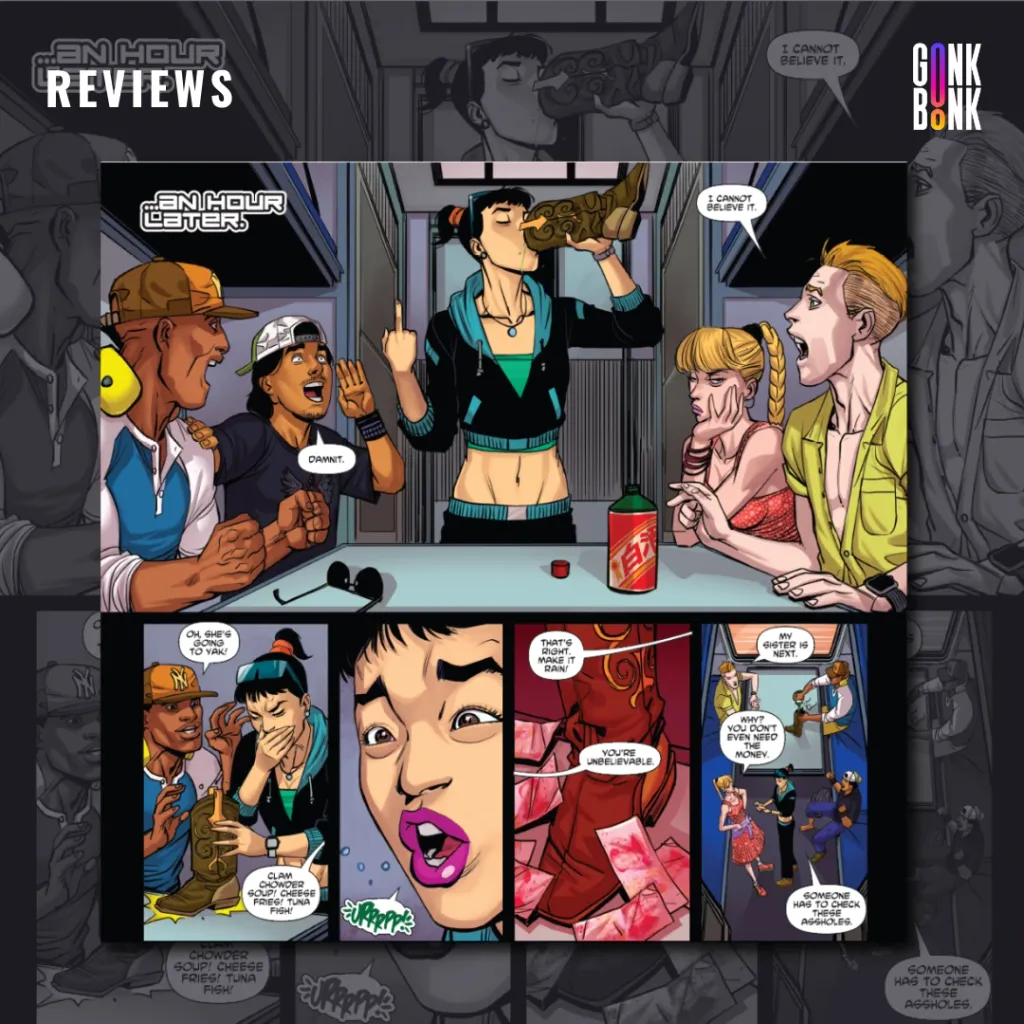 Blood Train #1 preview page 1 - Amy downs her drink in front of the whole group.