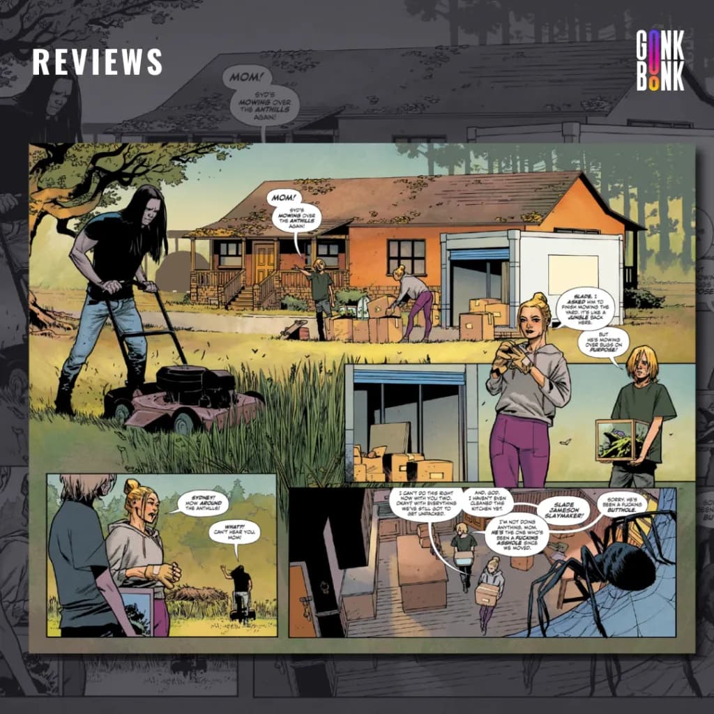 Bug Wars #1 preview page 2 - The Slaymaker family is working together in the backyard of their home. 