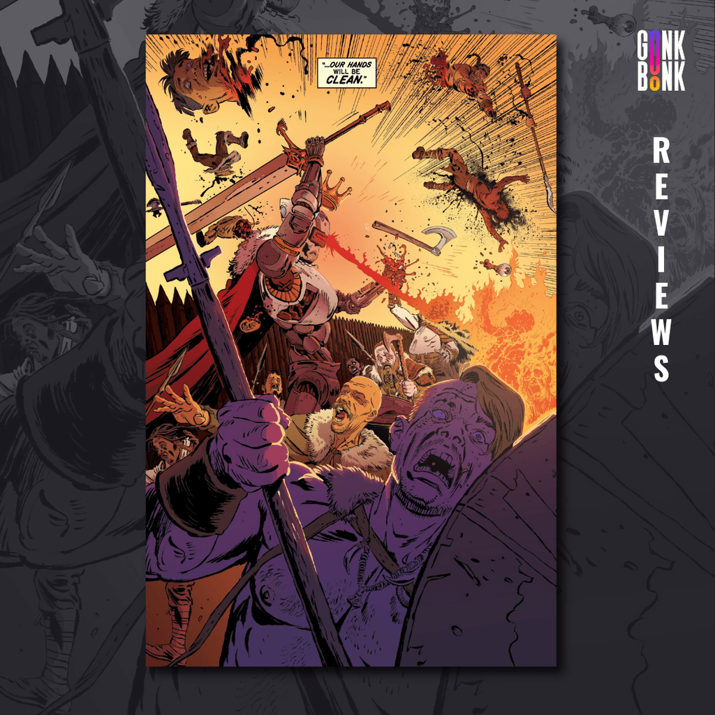 Cruel Kingdom #1 preview page 1 - The robot king attacks a group of barbarians.