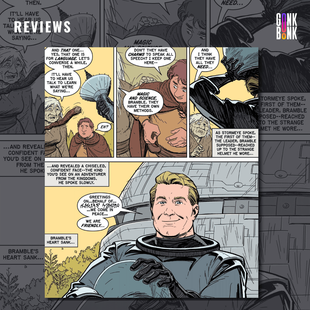Cruel Kingdom #1 preview page 3 - An astronaut meets with a witch and a peasant.