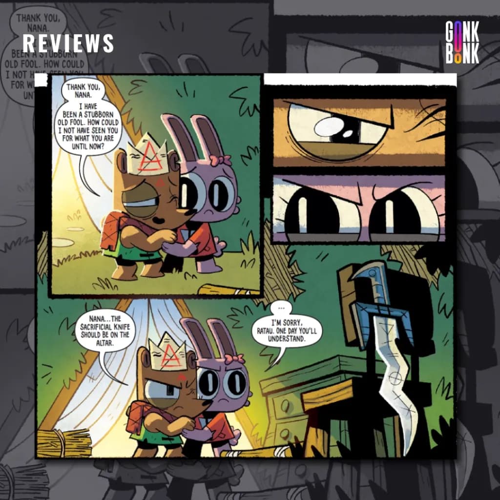 Cult of the Lamb #4 preview page 2 - Nana and Ratau see the ceremonial knife behind the chair.