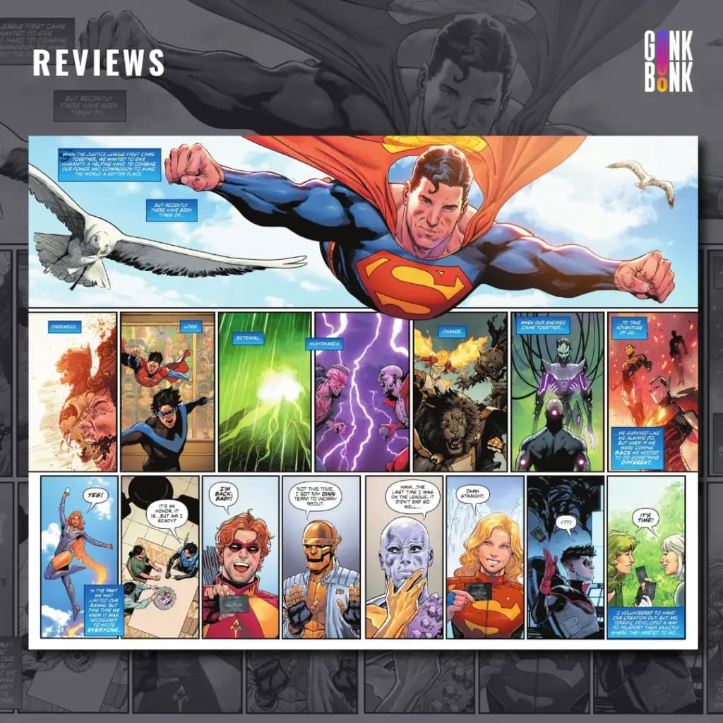 DC All In Special #1 preview page 1 - Superman meets with the superheroes of the world.