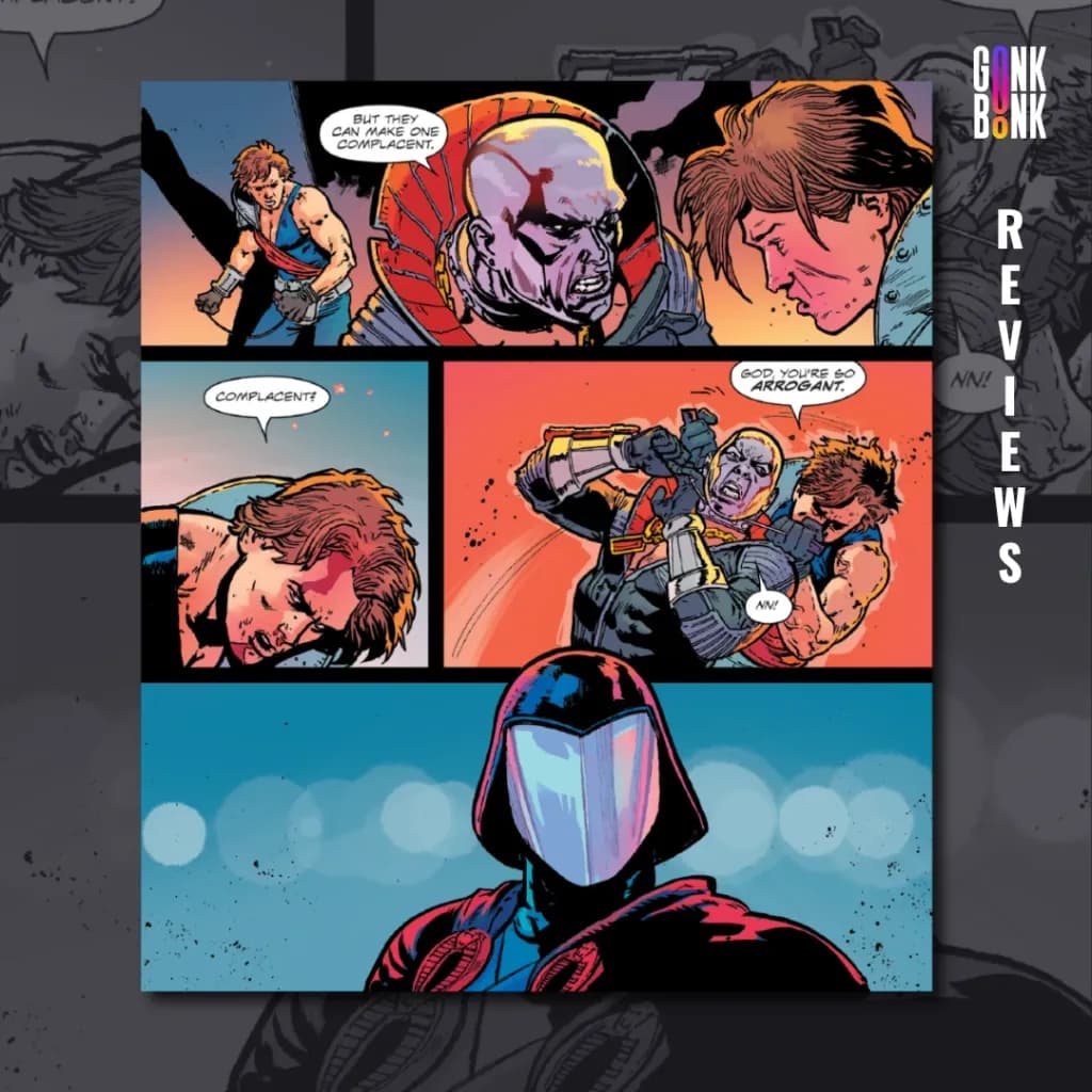 Destro #5 preview page 3 - Destro battles the twins while Cobra Commander watches.