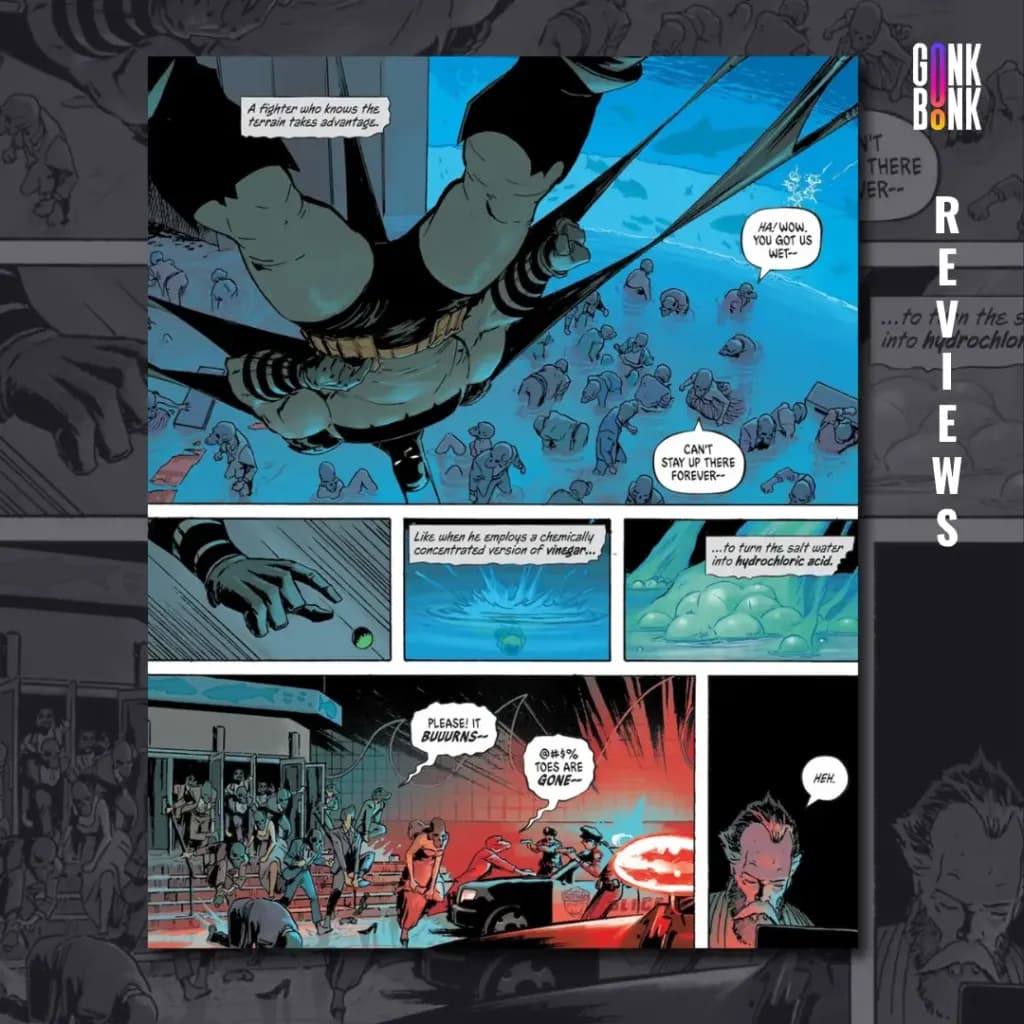 Absolute Batman #2 preview page 3 - Batman performs a sneak attack against the Party Animals