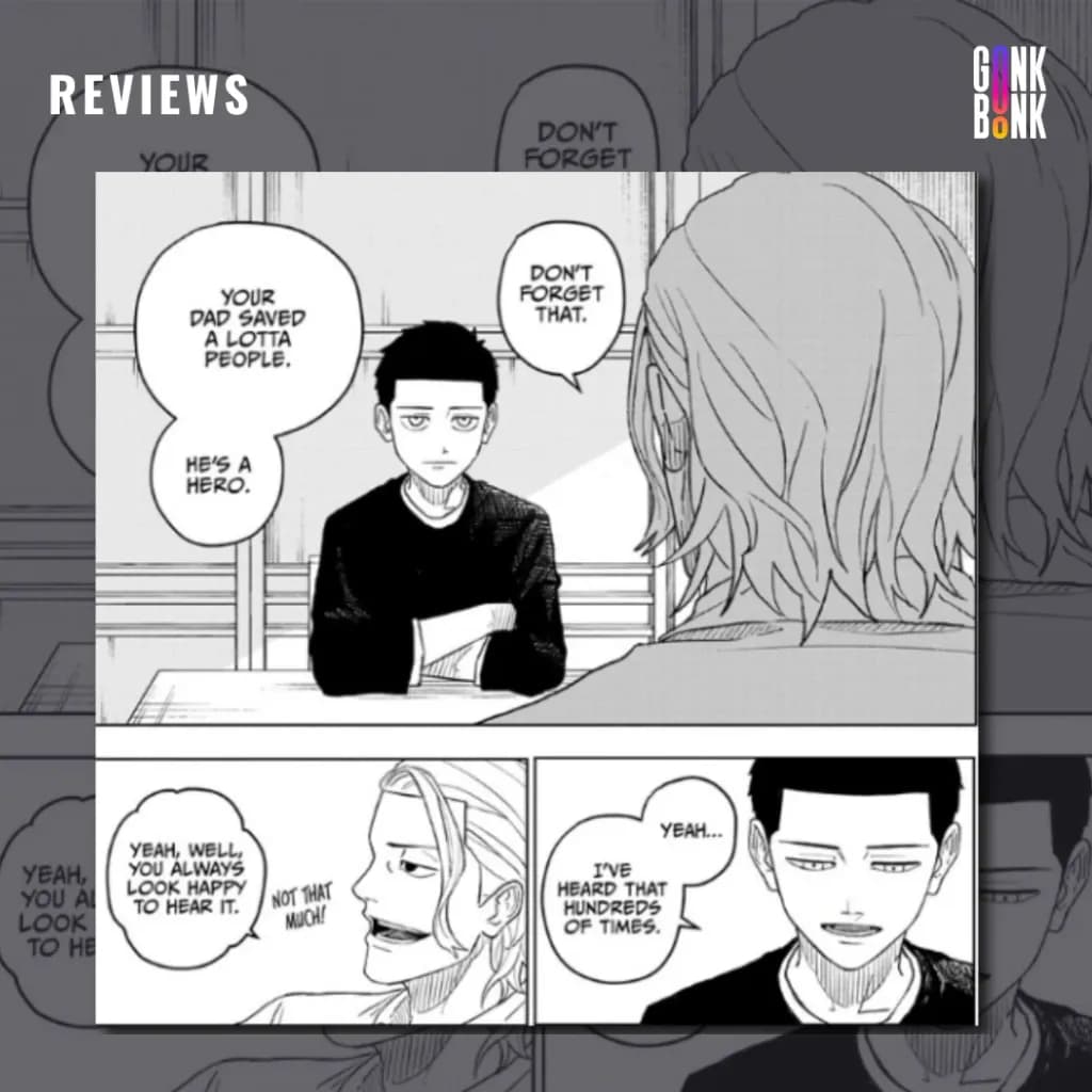 Kagurabachi Vol. 1 preview page 1 - Chihiro being spoken to about his father. 