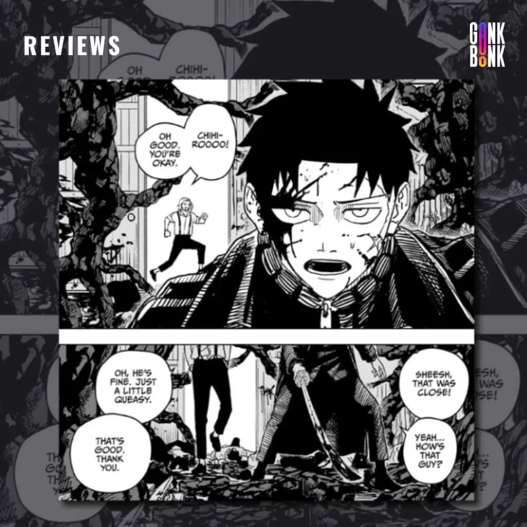 Kagurabachi Vol. 1 preview page 2 - Chihiro with blood on his face from a battle.