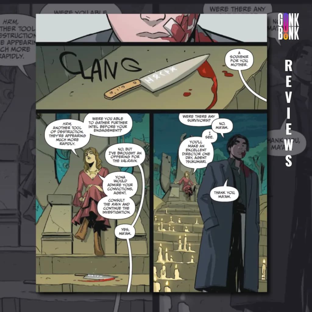 Nights #13 preview page 3 - Tsukumari gives his boss the knife taken from the mission.