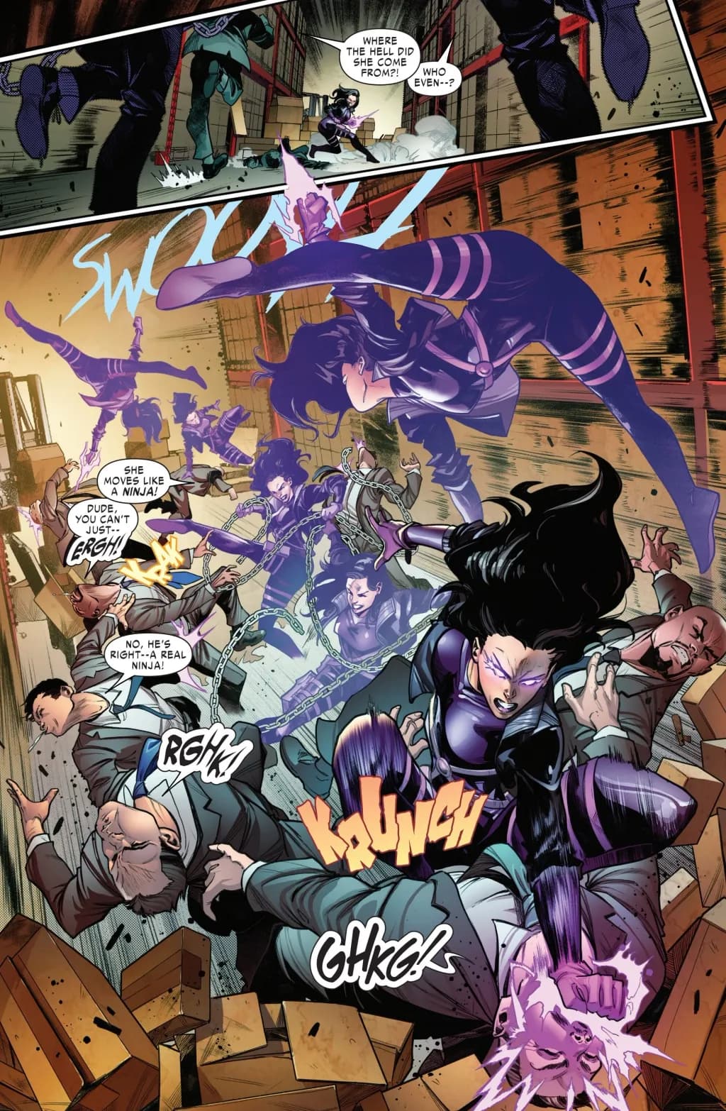 Psylocke attacks a group of soldiers using her psychic powers.