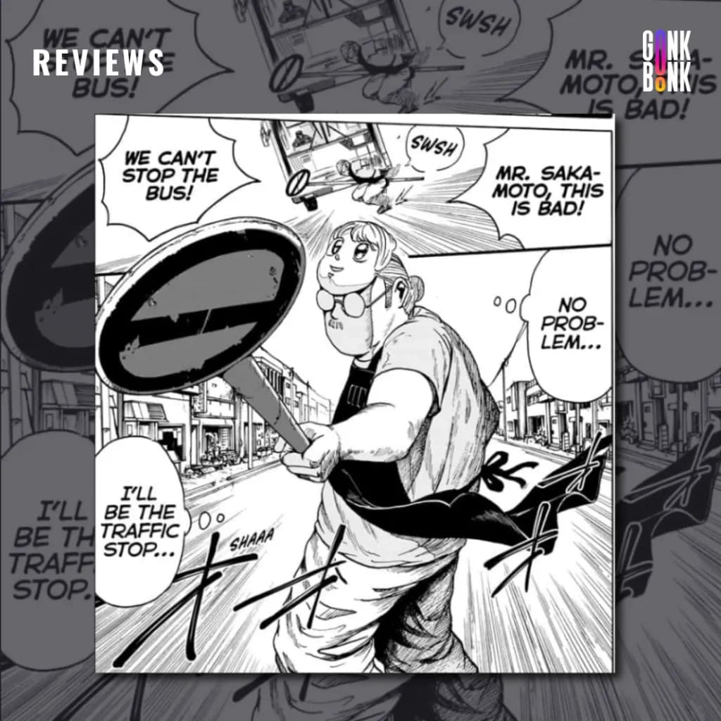 Sakamoto Days Vol 1 preview page 2 - Sakamoto attempts to stop a moving car with a sign.