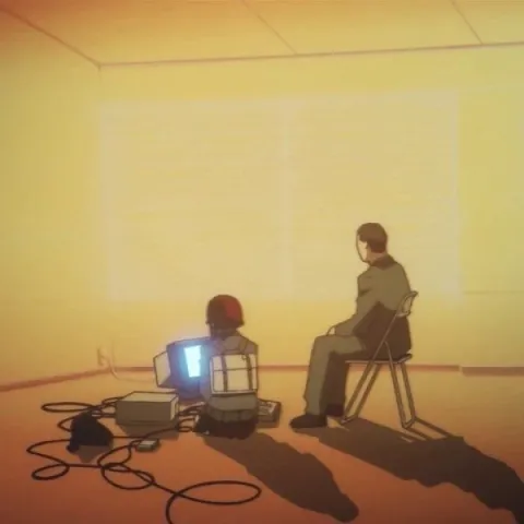 lain fixing a computer with a man in a yellow room