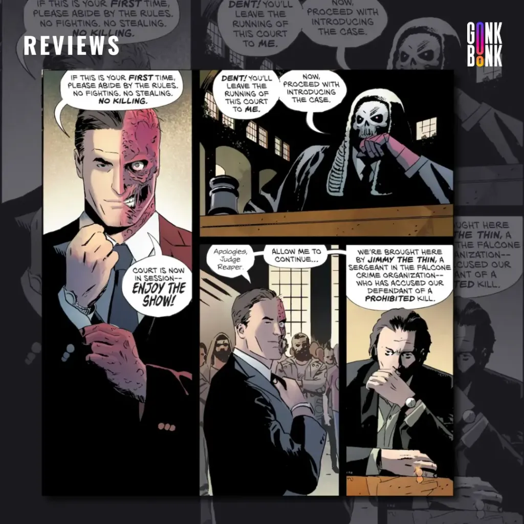 Two-Face #1 preview page 3 - Two-Face stands menacingly in the court room.