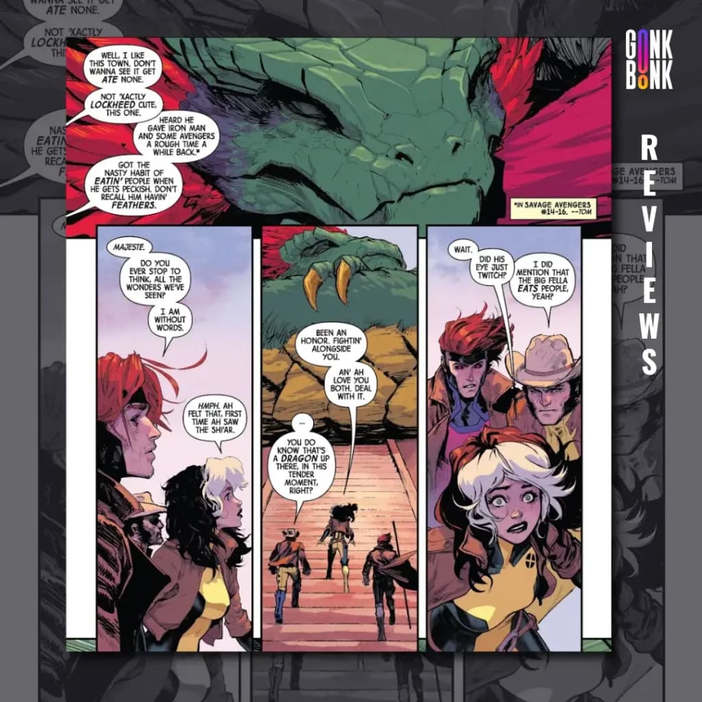 Uncanny X-Men #1 preview page 2 - Wolverine, Gambit, and Rogue approach a sleeping dragon.