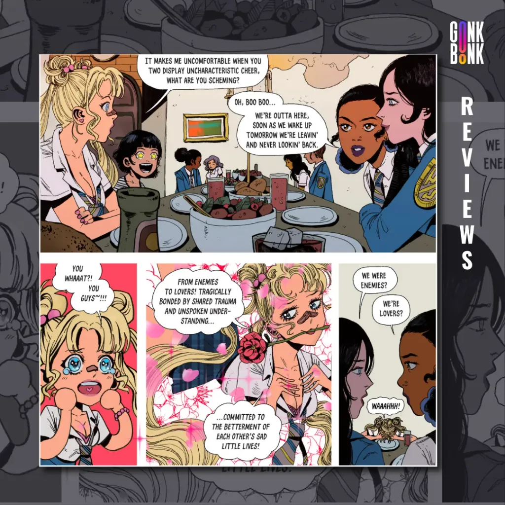 Hack_Slash_ Back to School 4 - Characters talking while dining