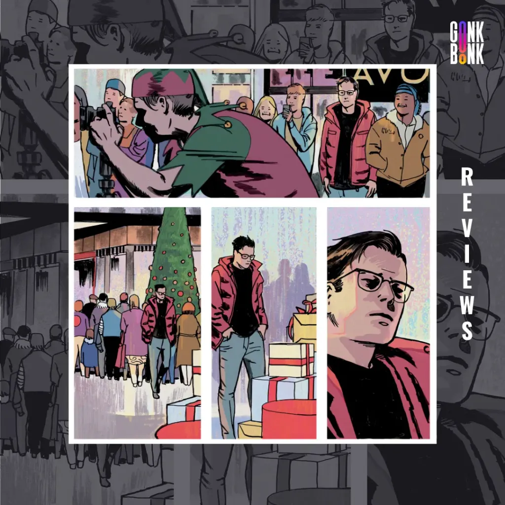 The Deviant #1 comic panel - man walking with Christmas vibes