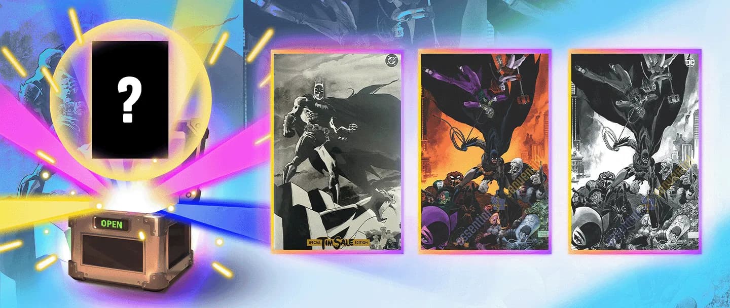 Mystery box opening with glowing beams reveals Batman: The Long Halloween – The Last Halloween comic covers by Tim Sale.
