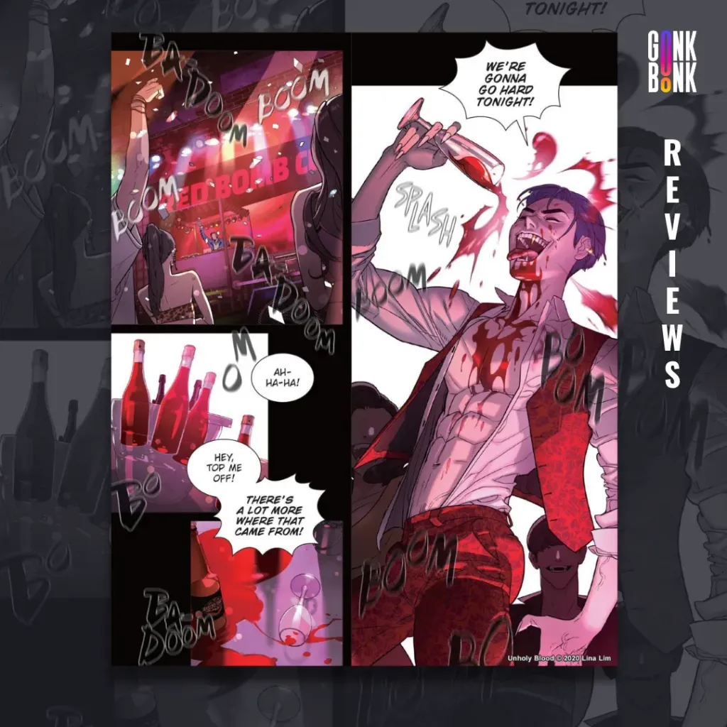 Unholy Blood Vol 1 - party scene with guy drinking wine
