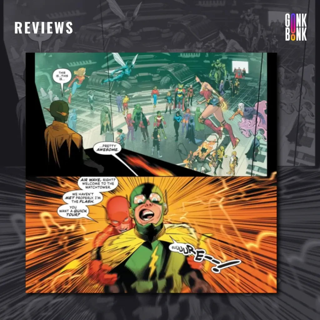 Justice League Unlimited #1 preview page 1 - The Justice League arrives at a war-torn village.