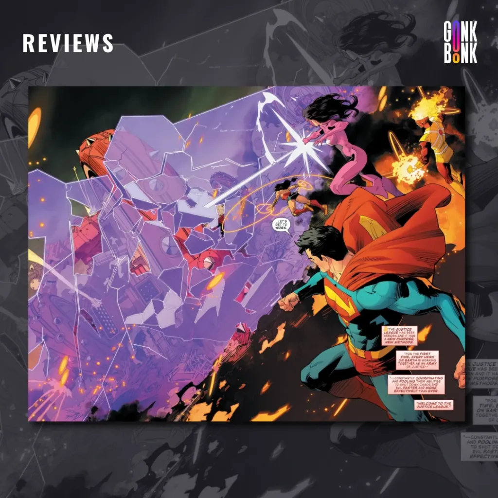 Justice League Unlimited #1 preview page 2 - The Justice League faces off against a giant robot.