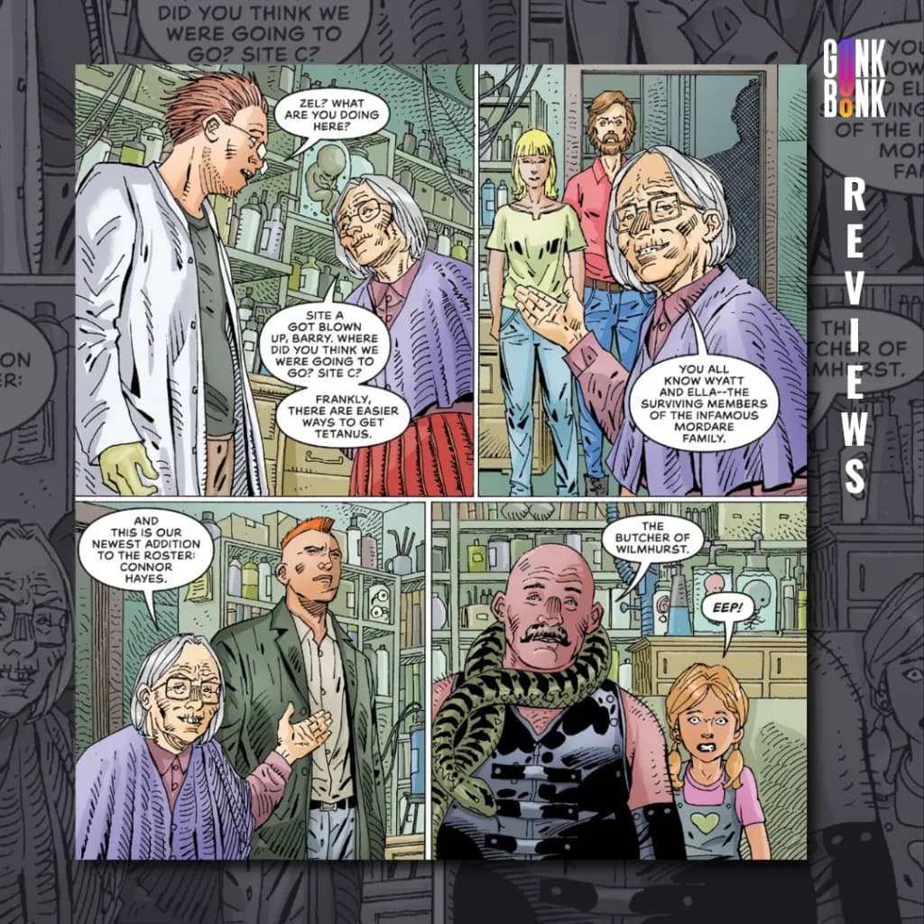 Where Monsters Lie: Cull-De-Sac #1 preview page 2 - Granny Zel introduces Connor Hayes to the rest of the group.